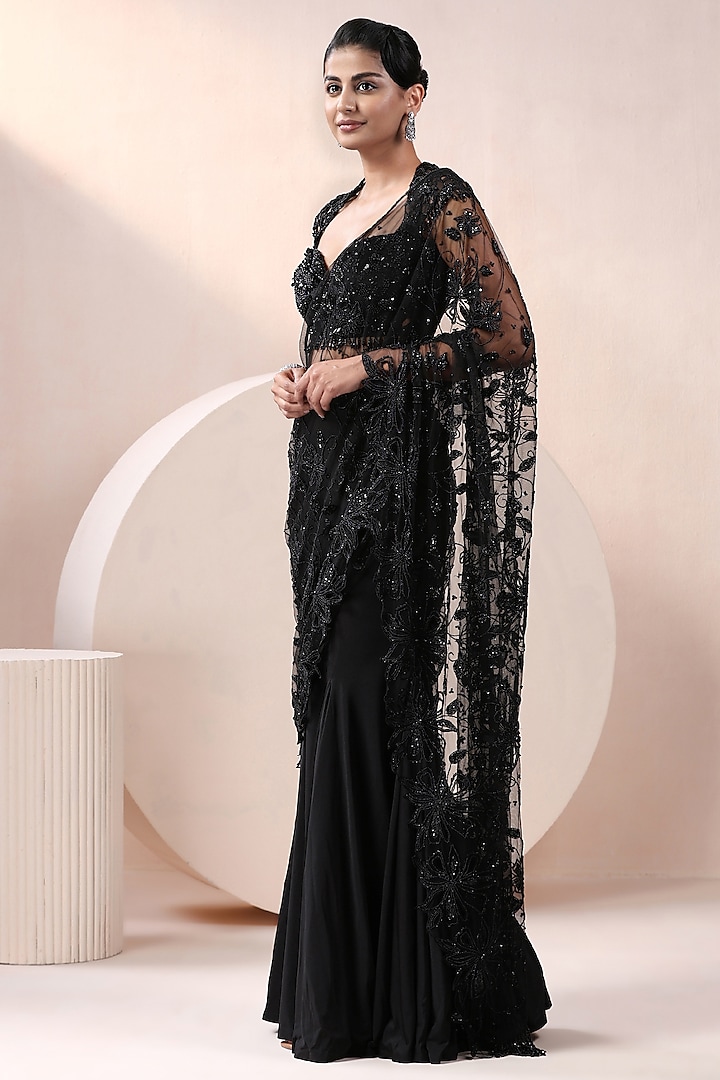 Black Net & Lycra Sequins Embellished Wedding Lehenga Saree Set by Chaashni by Maansi and Ketan at Pernia's Pop Up Shop