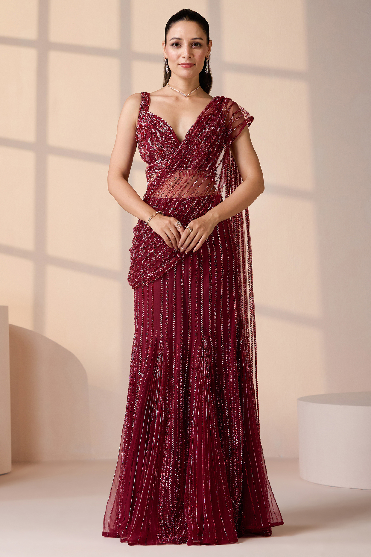 Red Net Cutdana & Crystal Embellished Wedding Lehenga Saree Set by Chaashni by Maansi and Ketan at Pernia's Pop Up Shop
