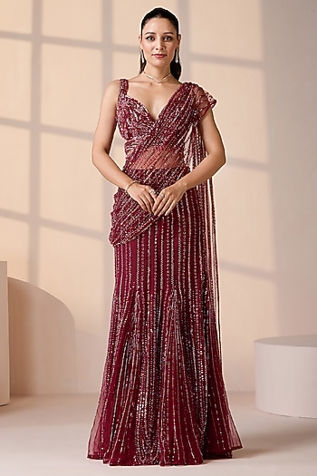 Red Net Cutdana & Crystal Embellished Wedding Lehenga Saree Set by Chaashni by Maansi and Ketan at Pernia's Pop Up Shop