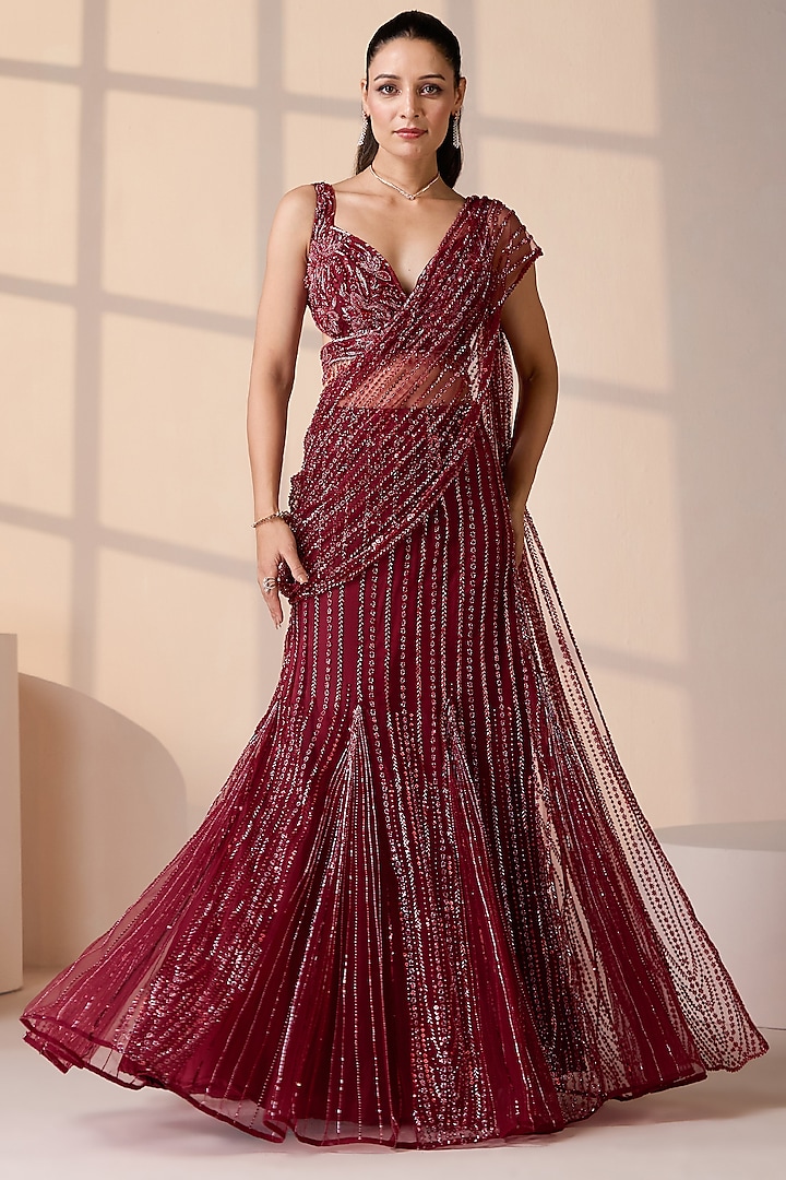 Red Net Cutdana & Crystal Embellished Wedding Lehenga Saree Set by Chaashni by Maansi and Ketan at Pernia's Pop Up Shop