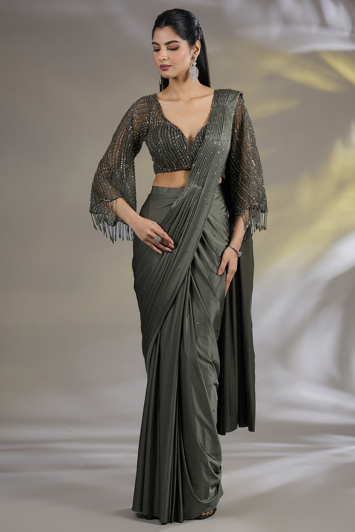 Green Lycra Embellished Pre-Stitched Party Wear Saree Set by Chaashni by Maansi and Ketan at Pernia's Pop Up Shop