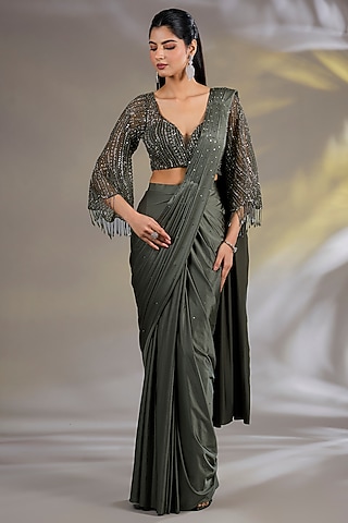 Green Satin & Net Embellished Pre-Stitched Saree Set by Chaashni by Maansi and Ketan