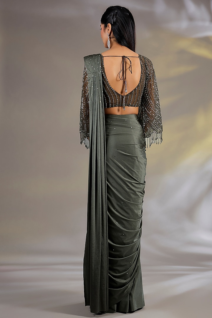Green Satin & Net Embellished Pre-Stitched Party Wear Saree Set by Chaashni by Maansi and Ketan at Pernia's Pop Up Shop