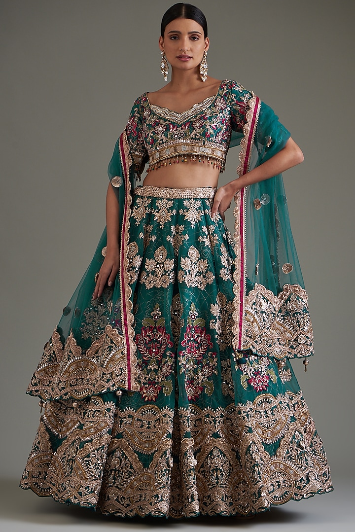 Blue Tissue Organza & Net Embroidered Lehenga Set by Chaashni by Maansi and Ketan