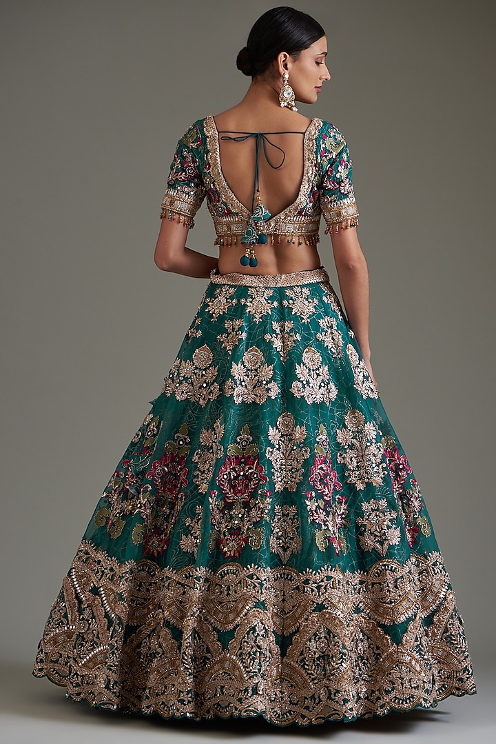 Blue Tissue Organza & Net Embroidered Wedding Lehenga Set by Chaashni by Maansi and Ketan at Pernia's Pop Up Shop