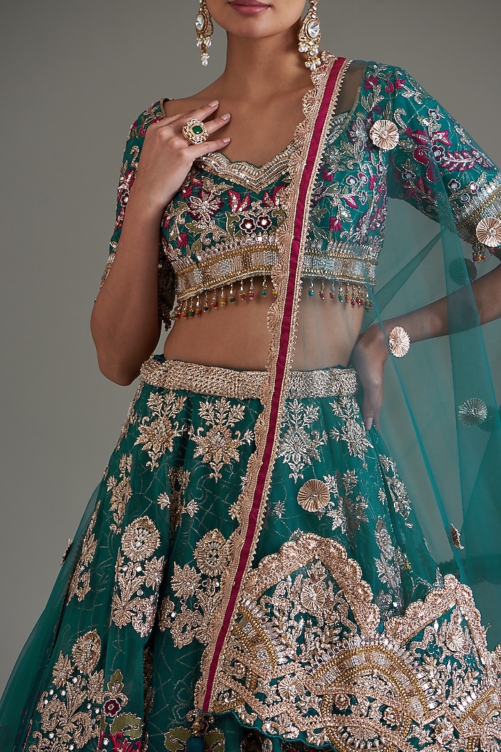 Blue Tissue Organza & Net Embroidered Wedding Lehenga Set by Chaashni by Maansi and Ketan at Pernia's Pop Up Shop