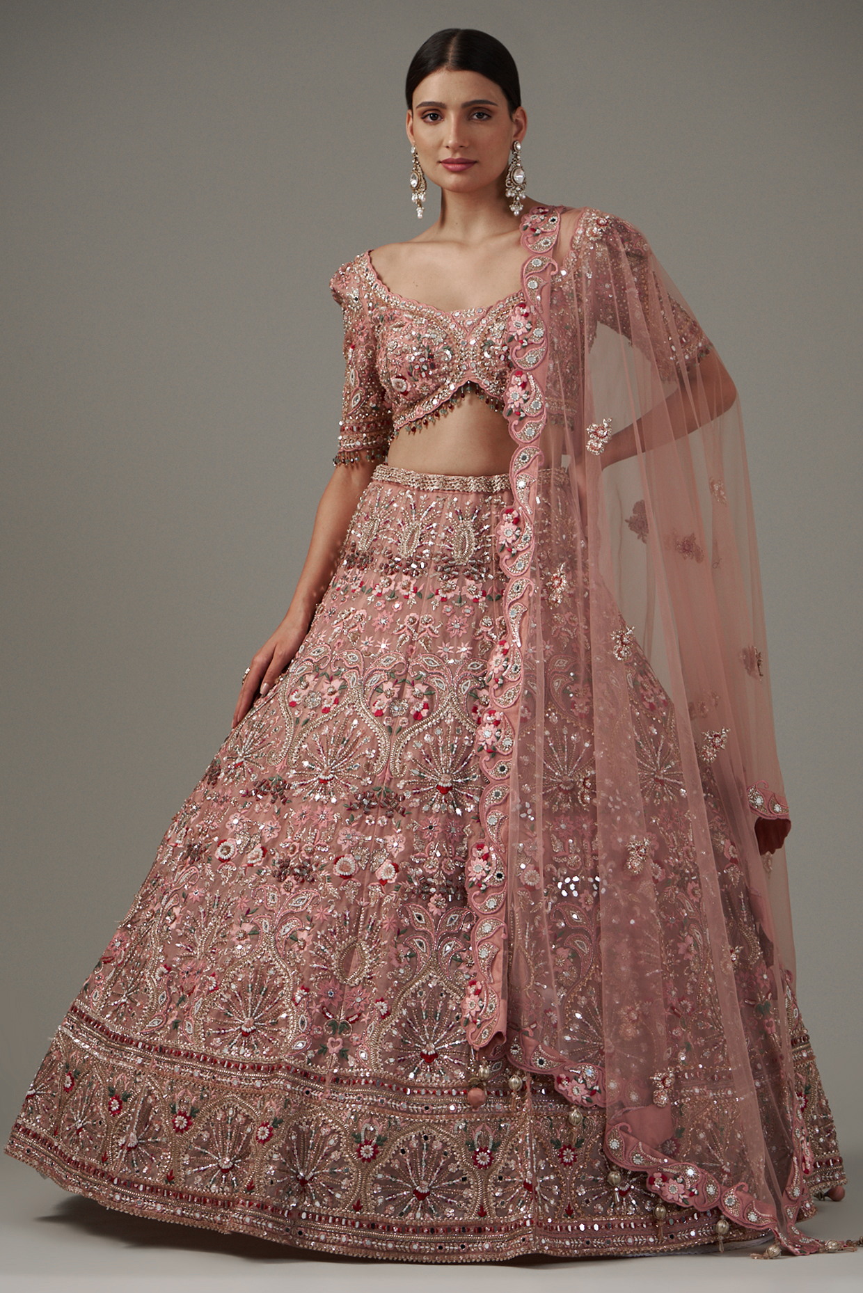 Pink Tissue Organza & Net Embroidered Lehenga Set by Chaashni by Maansi and Ketan