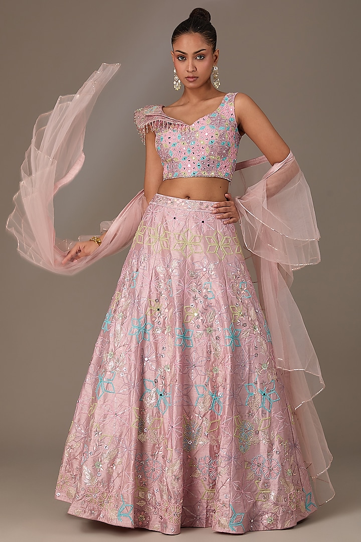 Pink Silk Resham Embroidered Lehenga Set by Chaashni by Maansi and Ketan