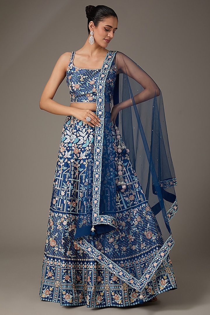 Blue Silk Sequins & Cutdana Embroidered Lehenga Set by Chaashni by Maansi and Ketan