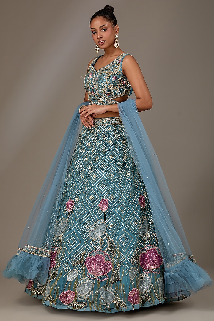 Blue Net Mirror & Cutdana Embroidered Lehenga Set by Chaashni by Maansi and Ketan