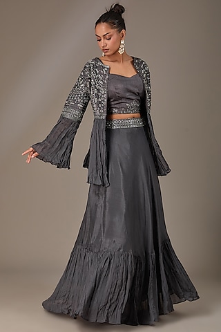 Grey Chinon Chiffon Sequins Embroidered Jacket Lehenga Set by Chaashni by Maansi and Ketan