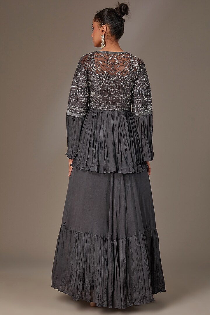 Grey Chinon Chiffon Sequins Embroidered Jacket Lehenga Set by Chaashni by Maansi and Ketan at Pernia's Pop Up Shop