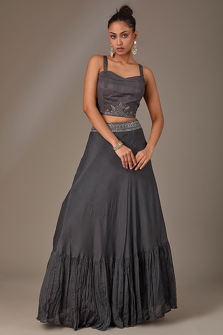 Grey Chinon Chiffon Sequins Embroidered Jacket Lehenga Set by Chaashni by Maansi and Ketan at Pernia's Pop Up Shop