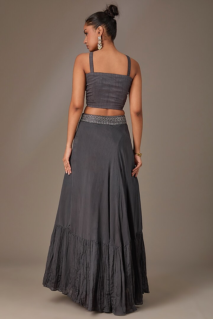 Grey Chinon Chiffon Sequins Embroidered Jacket Lehenga Set by Chaashni by Maansi and Ketan at Pernia's Pop Up Shop
