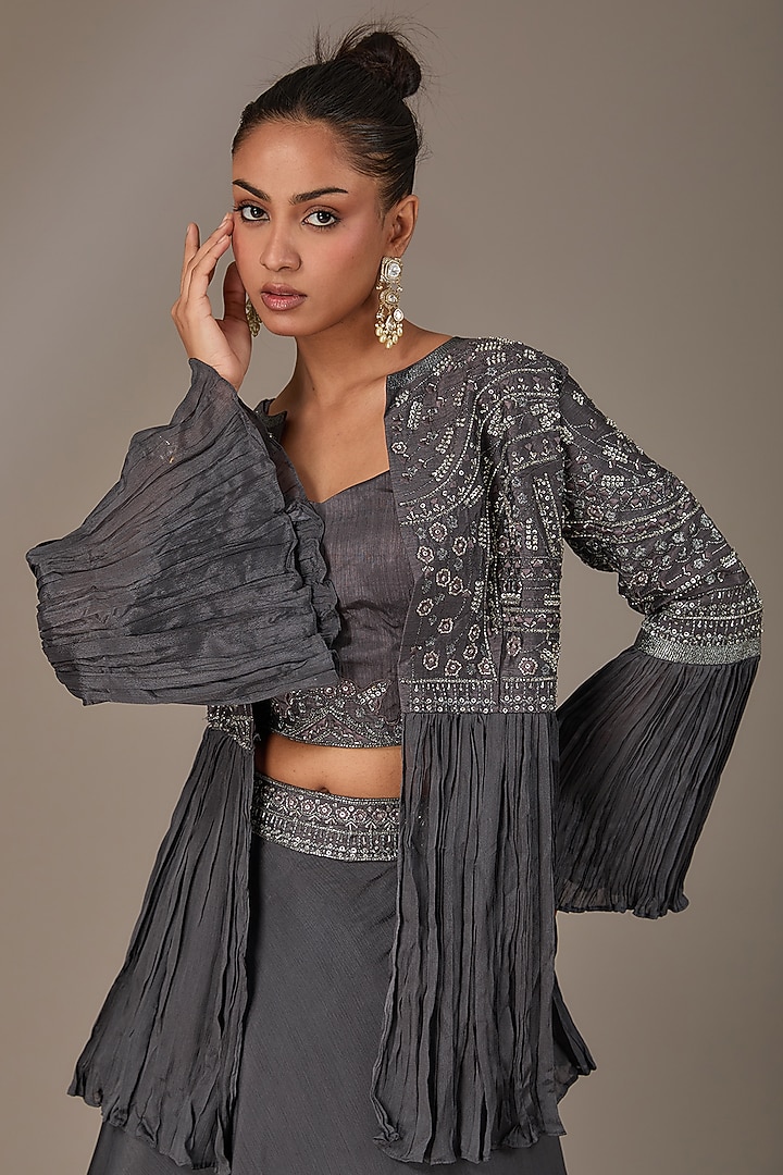 Grey Chinon Chiffon Sequins Embroidered Jacket Lehenga Set by Chaashni by Maansi and Ketan at Pernia's Pop Up Shop