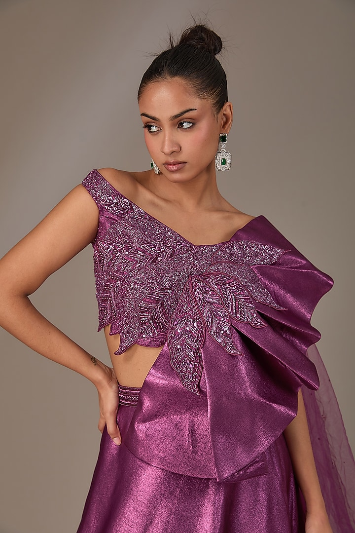 Purple Metallic Imported Satin Nalki Embroidered Wedding Lehenga Set by Chaashni by Maansi and Ketan at Pernia's Pop Up Shop