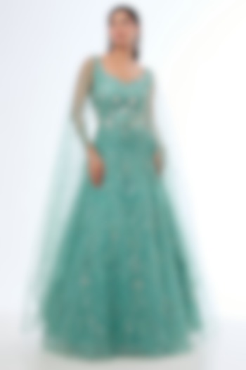 Green Net Patra & Sequins Embellished Gown by Chaashni by Maansi and Ketan  at Pernia's Pop Up Shop 2026