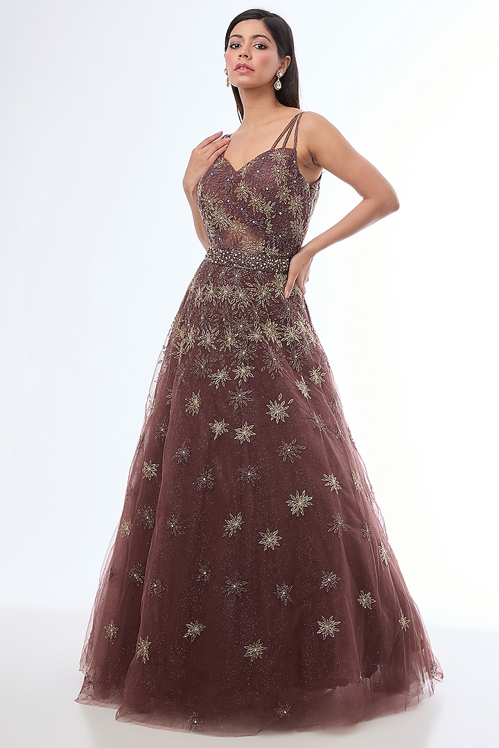 Coco Brown Net Cutdana & Sequins Embellished Net Gown With Belt by Chaashni by Maansi and Ketan at Pernia's Pop Up Shop