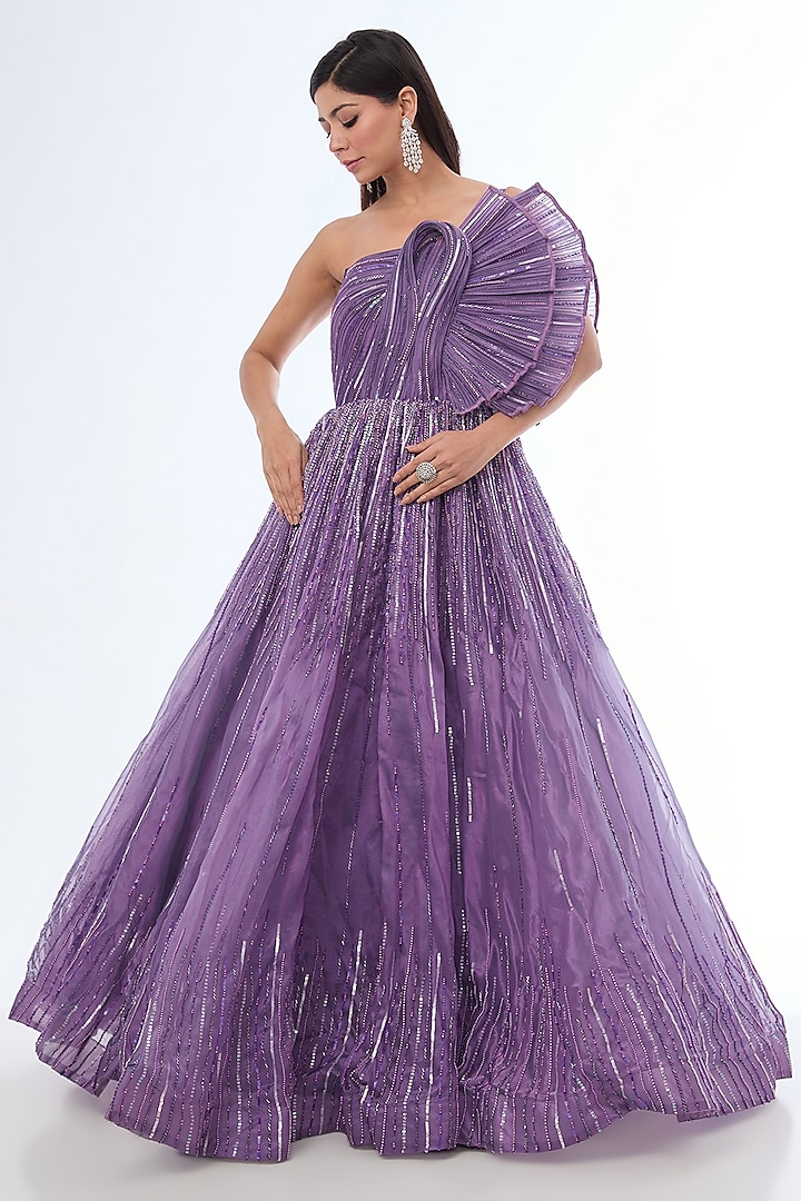 Purple Organza Pearl & Beads Embellished Gown by Chaashni by Maansi and Ketan at Pernia's Pop Up Shop