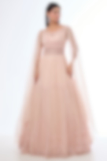 Peach Net Resham & Sequins Embellished Engagement Gown by Chaashni by Maansi and Ketan at Pernia's Pop Up Shop