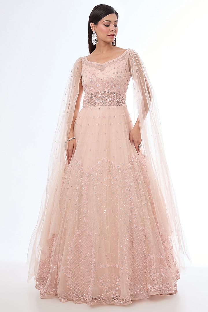 Peach Net Resham & Sequins Embellished Engagement Gown by Chaashni by Maansi and Ketan at Pernia's Pop Up Shop