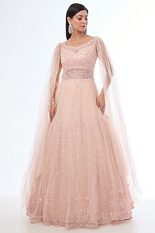 Peach Net Resham & Sequins Embellished Gown by Chaashni by Maansi and Ketan