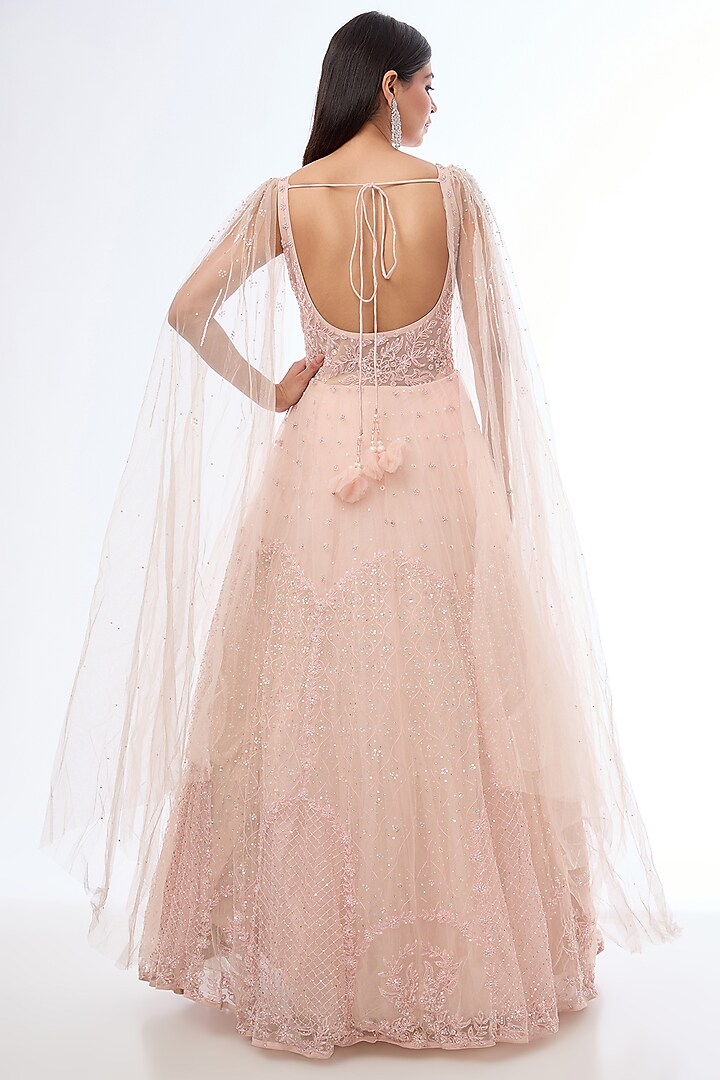 Peach Net Resham & Sequins Embellished Engagement Gown by Chaashni by Maansi and Ketan at Pernia's Pop Up Shop