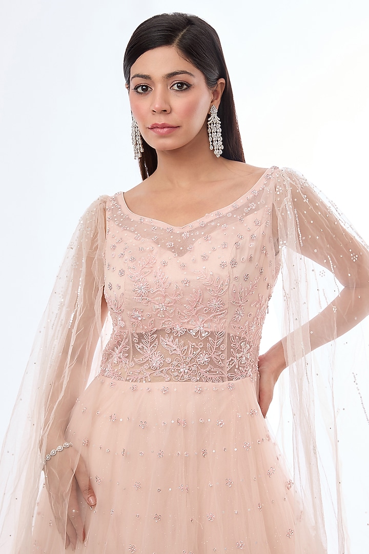 Peach Net Resham & Sequins Embellished Engagement Gown by Chaashni by Maansi and Ketan at Pernia's Pop Up Shop