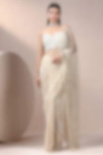 Ivory Chinon Chiffon & Net Pearl Embroidered Wedding Saree Set by Chaashni by Maansi and Ketan at Pernia's Pop Up Shop