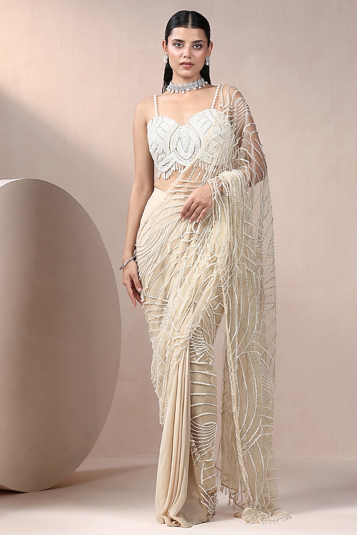 Ivory Chinon Chiffon & Net Pearl Embroidered Wedding Saree Set by Chaashni by Maansi and Ketan at Pernia's Pop Up Shop