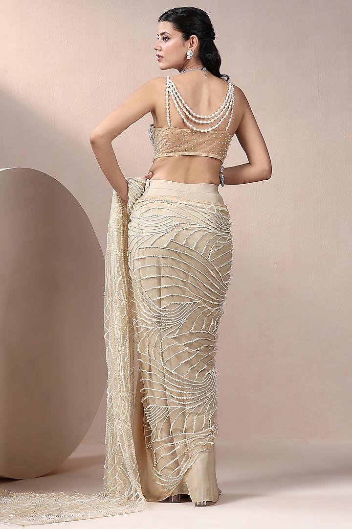 Ivory Chinon Chiffon & Net Pearl Embroidered Wedding Saree Set by Chaashni by Maansi and Ketan at Pernia's Pop Up Shop