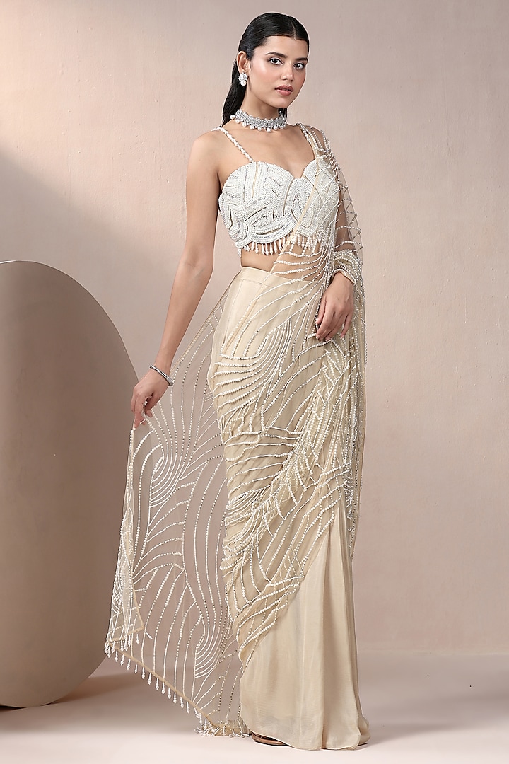 Ivory Chinon Chiffon & Net Pearl Embroidered Wedding Saree Set by Chaashni by Maansi and Ketan at Pernia's Pop Up Shop