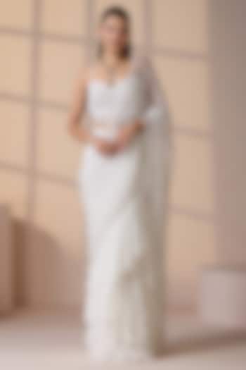 White Net & Georgette Pearl Embellished Wedding Lehenga Saree Set by Chaashni by Maansi and Ketan at Pernia's Pop Up Shop