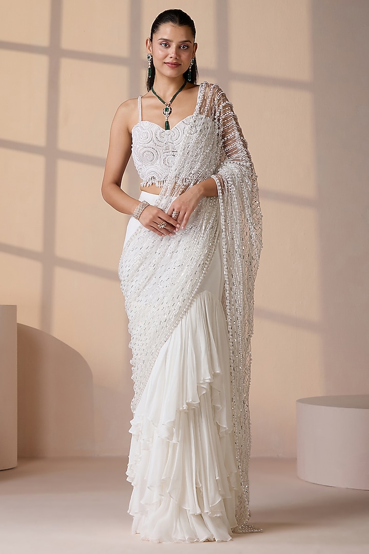 White Net & Georgette Pearl Embellished Wedding Lehenga Saree Set by Chaashni by Maansi and Ketan at Pernia's Pop Up Shop