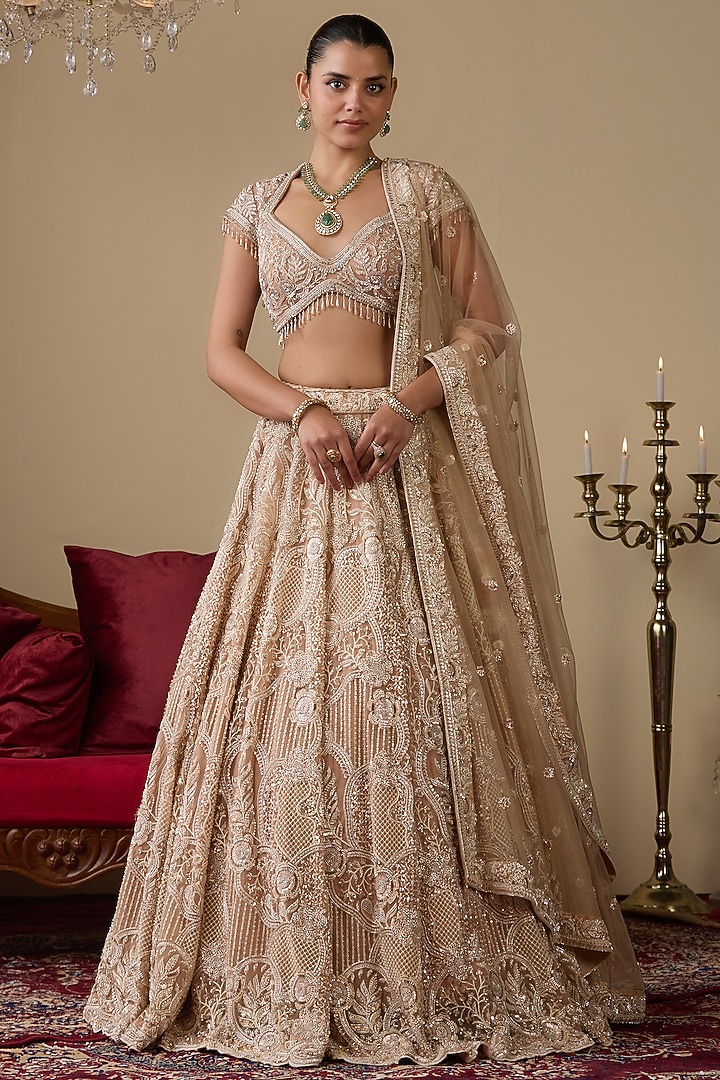 Gold Net Embellished Wedding Lehenga Set by Chaashni by Maansi and Ketan at Pernia's Pop Up Shop