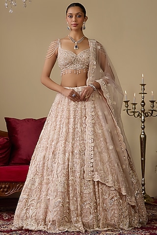 Pink Net Embellished Lehenga Set by Chaashni by Maansi and Ketan