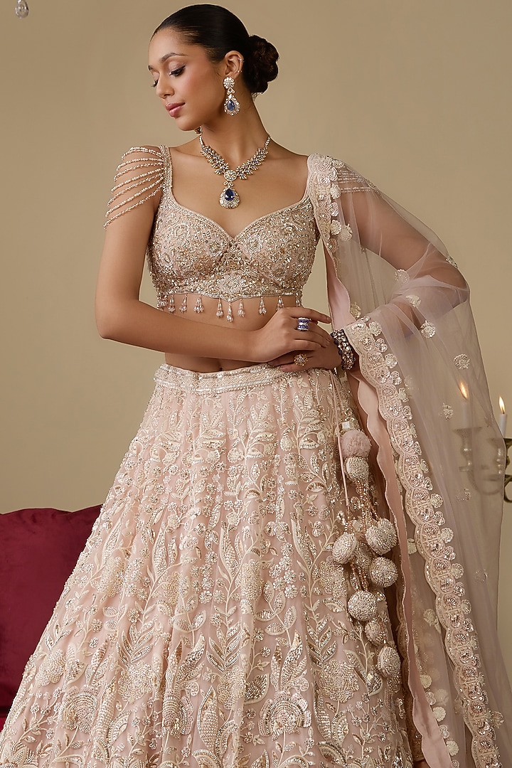 Pink Net Embellished Wedding Lehenga Set by Chaashni by Maansi and Ketan at Pernia's Pop Up Shop