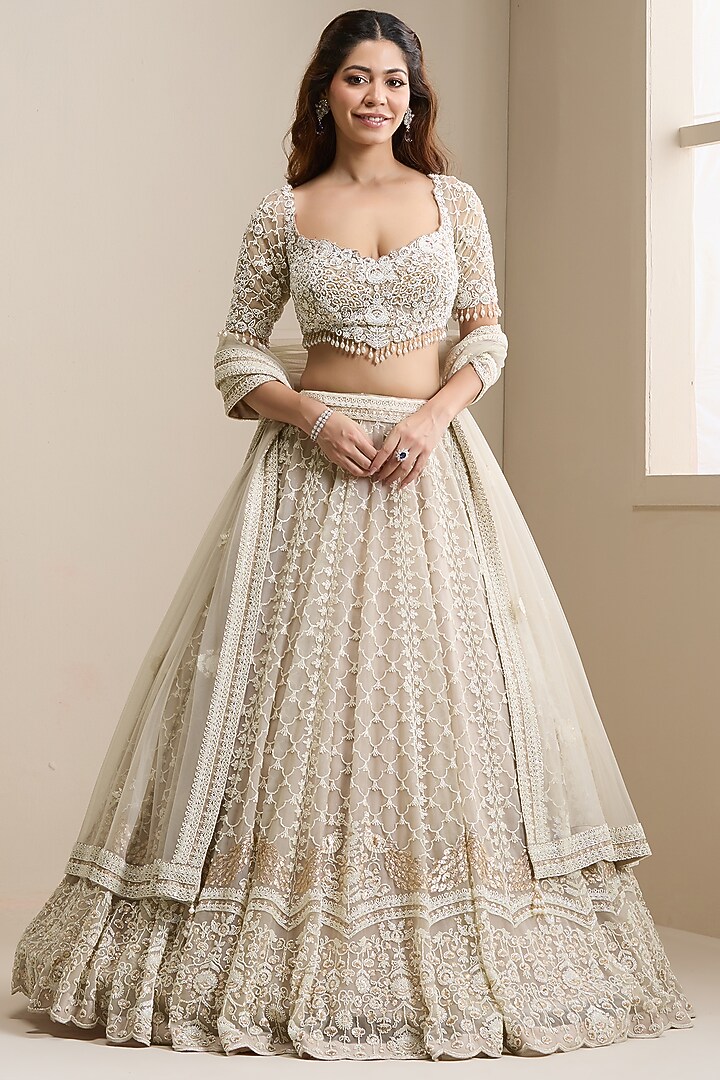 Nude Net Embellished Wedding Lehenga Set by Chaashni by Maansi and Ketan at Pernia's Pop Up Shop