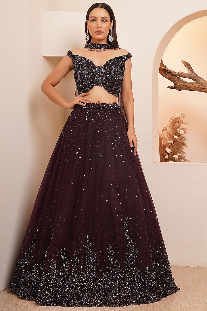 Burgundy Net Sequins Embroidered Lehenga Set by Chaashni by Maansi and Ketan