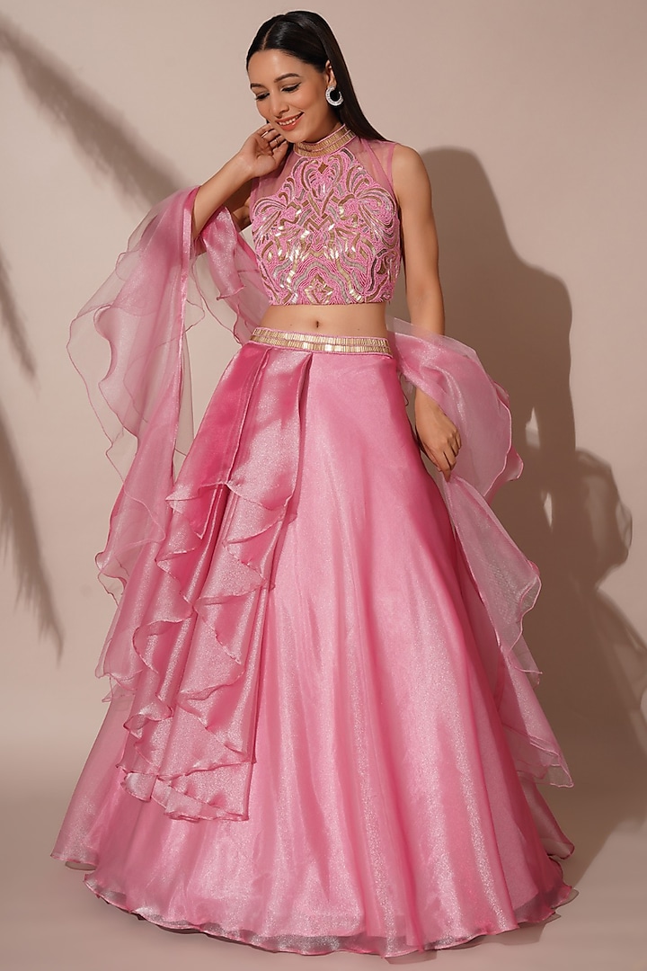 Pink Shimmer Organza Lehenga Set by Chaashni by Maansi and Ketan