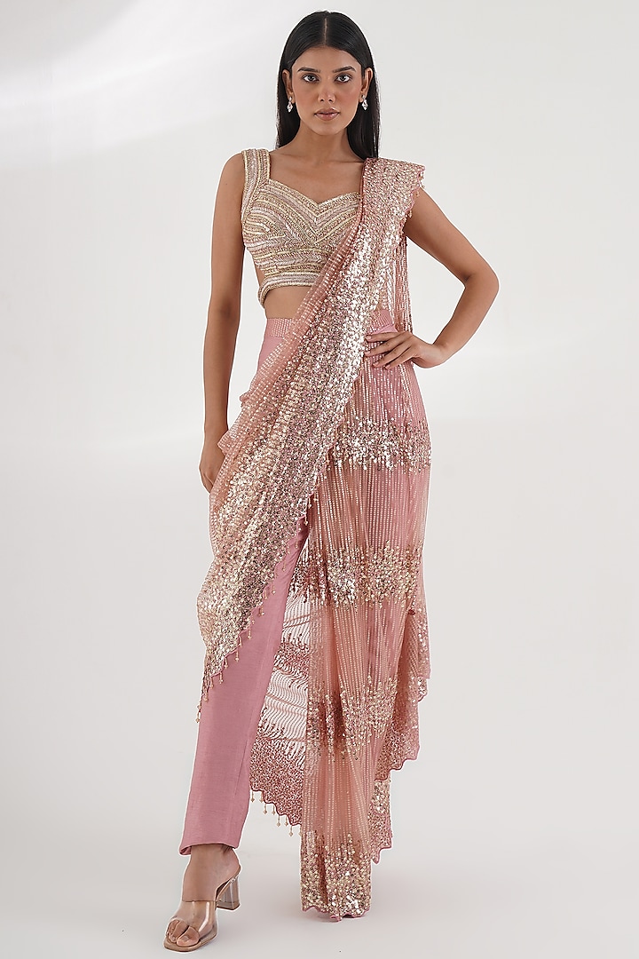 Pink Net & Silk Sequins Embellished Saree Set by Chaashni by Maansi and Ketan