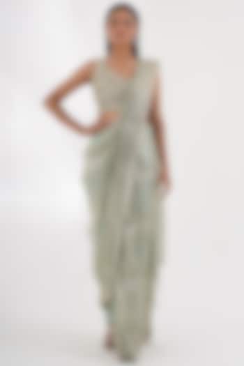 Green Net & Silk Sequins Embellished Wedding Saree Set by Chaashni by Maansi and Ketan at Pernia's Pop Up Shop