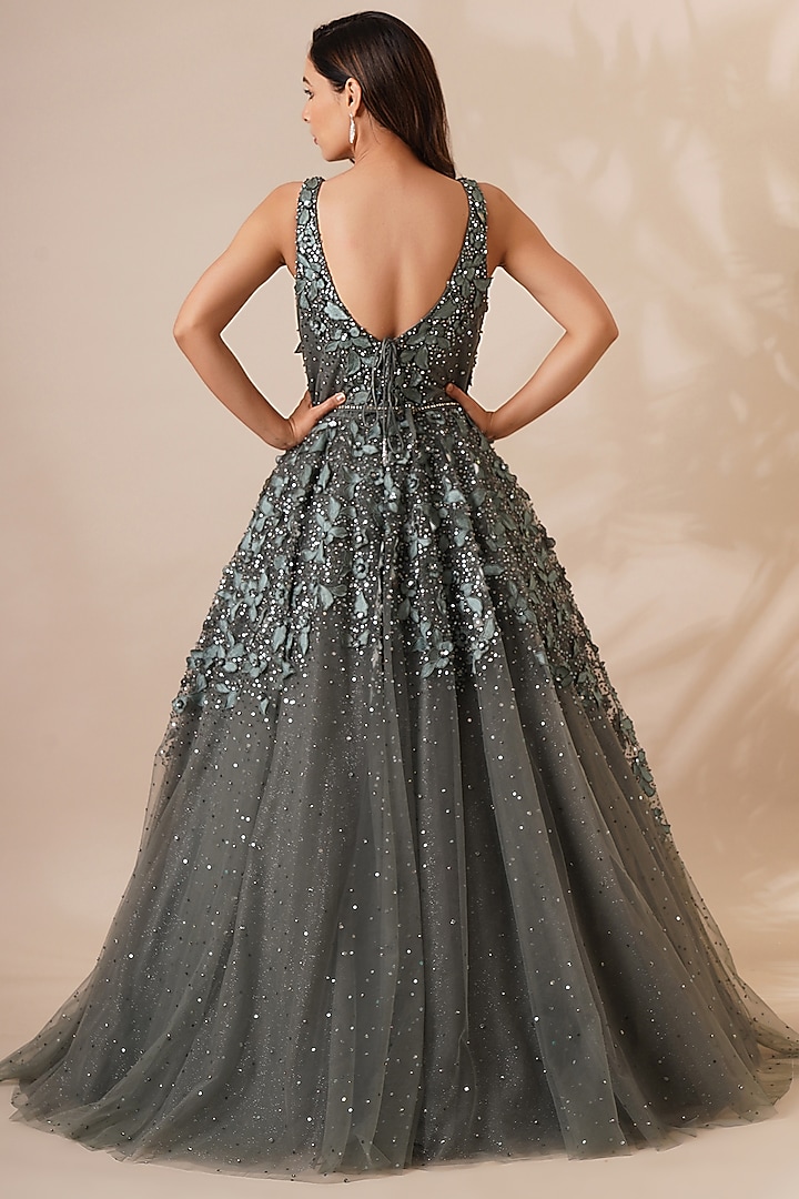Green Net Sequins & Resham Work Engagement Gown by Chaashni by Maansi and Ketan at Pernia's Pop Up Shop