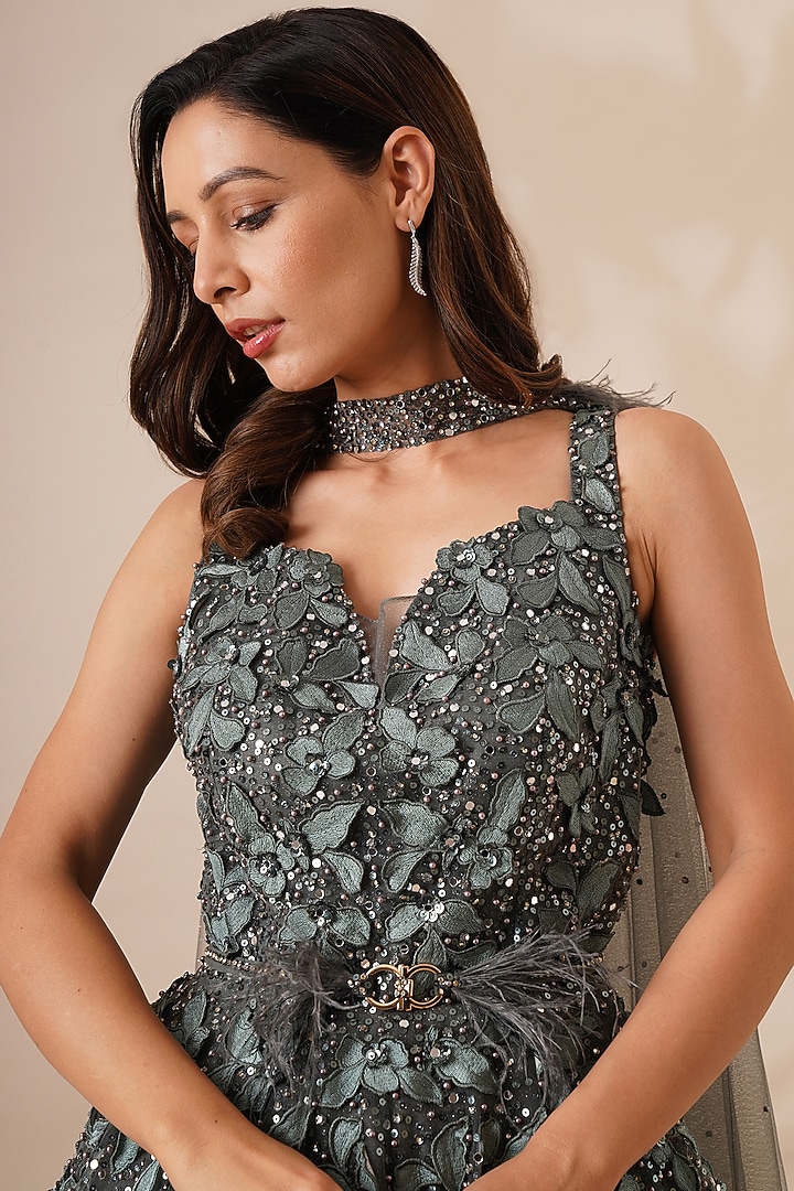Green Net Sequins & Resham Work Engagement Gown by Chaashni by Maansi and Ketan at Pernia's Pop Up Shop