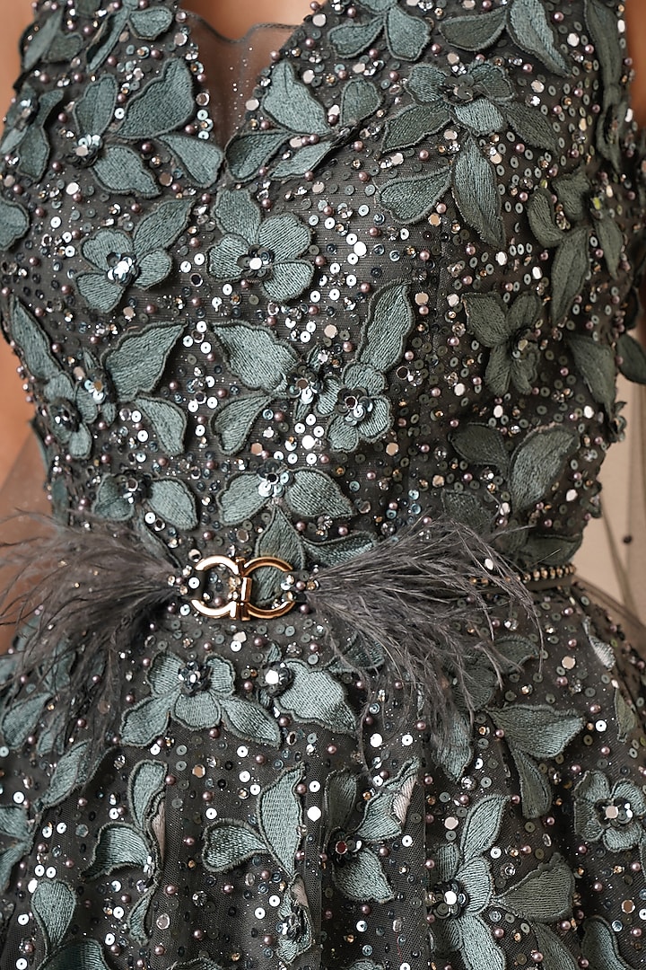 Green Net Sequins & Resham Work Engagement Gown by Chaashni by Maansi and Ketan at Pernia's Pop Up Shop