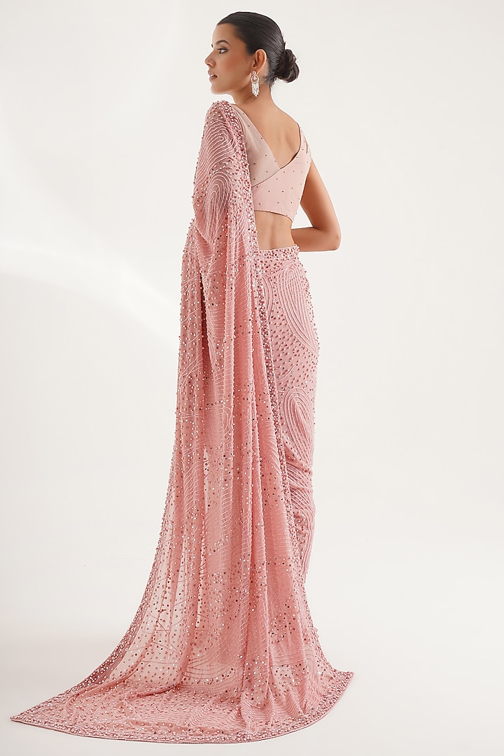 Dusty Pink Georgette Sequins Hand Embroidered Wedding Saree Set by Chaashni by Maansi and Ketan at Pernia's Pop Up Shop
