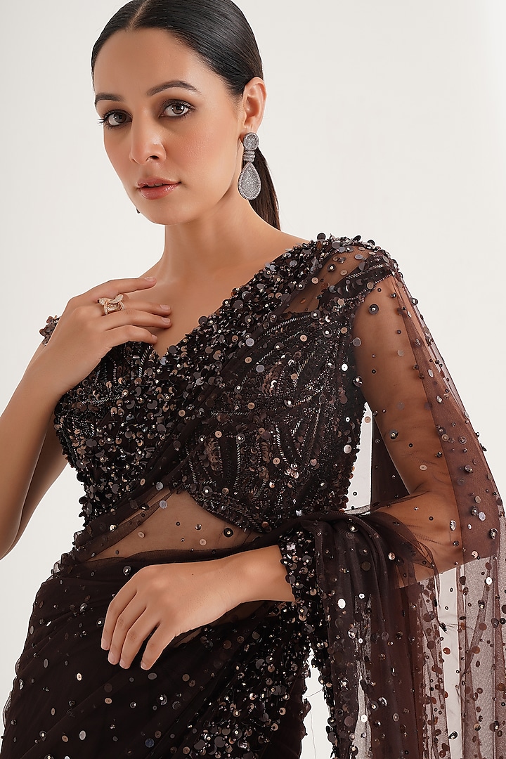 Hazel Net Sequins Hand Embroidered Wedding Saree Set by Chaashni by Maansi and Ketan at Pernia's Pop Up Shop