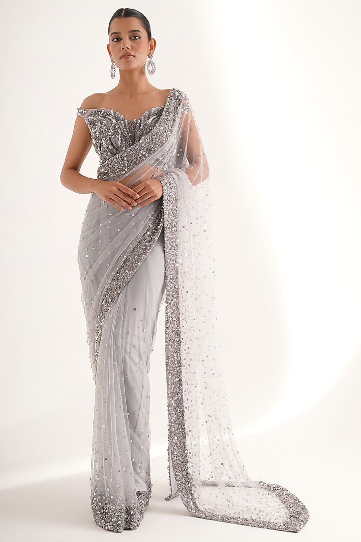 Grey Net Sequins Hand Embroidered Saree Set by Chaashni by Maansi and Ketan at Pernia's Pop Up Shop