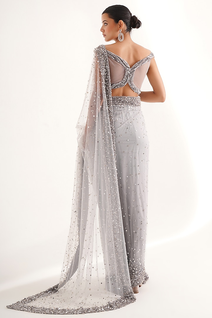 Grey Net Sequins Hand Embroidered Wedding Saree Set by Chaashni by Maansi and Ketan at Pernia's Pop Up Shop