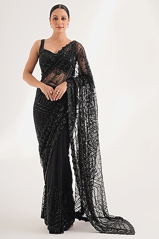 Black Net Sequins Hand Embroidered Saree Set by Chaashni by Maansi and Ketan